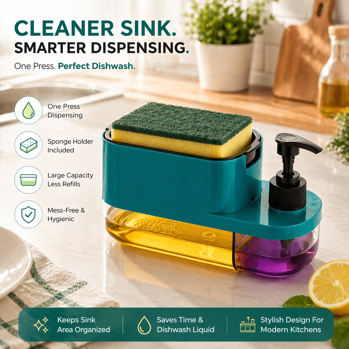 3-In-1 Dish Soap Pump Dispenser With Sponge Holder For Kitchen Sink
