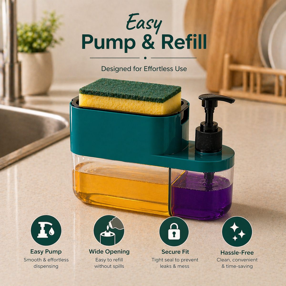 3-In-1 Dish Soap Pump Dispenser With Sponge Holder For Kitchen Sink